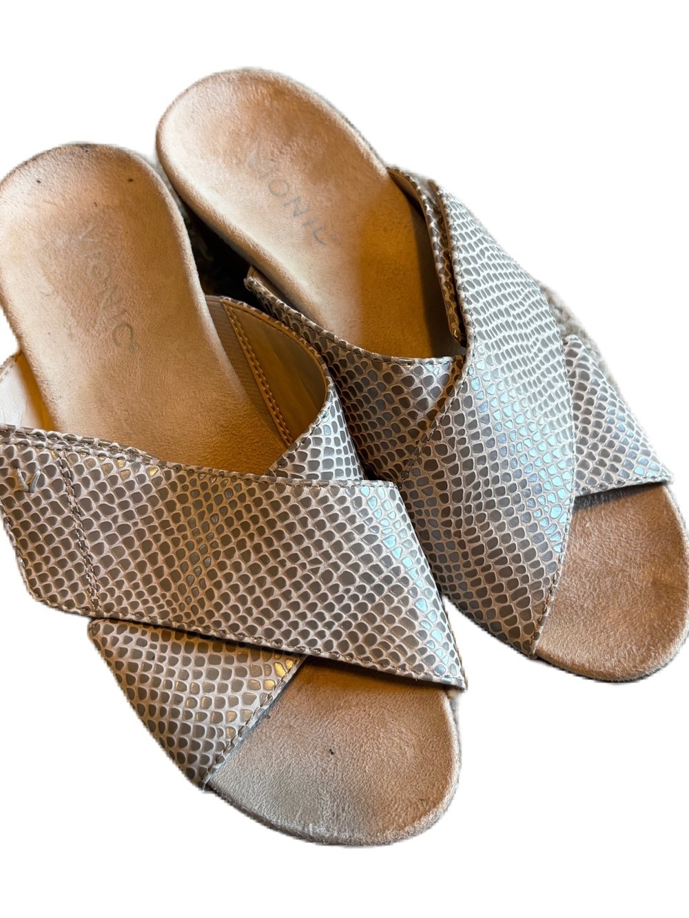 Vionic Metallic Snake-Embossed Crossover Slide Sandals Leticia Sz 7 Leather Tan